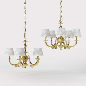 Classic brass chandelier with five arms and white fabric shades decorated with floral patterns adjustable chain traditional style - Finish: OLV Polished Brass