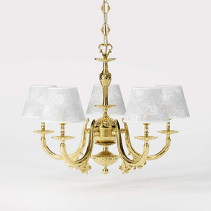 Classic brass chandelier with five arms and white fabric shades decorated with floral patterns adjustable chain traditional style - Finish: OLV Polished Brass