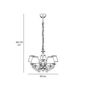 Classic brass chandelier with five arms and white fabric shades decorated with floral patterns adjustable chain traditional style