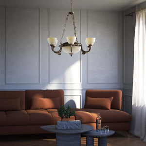 Neoclassical brass chandelier with six decorated arms, central bowl and ornamental chains, diamond-patterned frosted glass diffusers by Ghidini 1849 - Finish: OAS Antique Brass