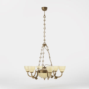 Neoclassical brass chandelier with six decorated arms, central bowl and ornamental chains, diamond-patterned frosted glass diffusers by Ghidini 1849 - Finish: OBS Bronze Satin Brass