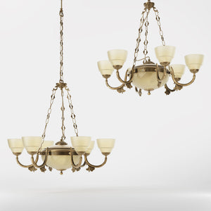Neoclassical brass chandelier with six decorated arms, central bowl and ornamental chains, diamond-patterned frosted glass diffusers by Ghidini 1849 - Finish: OBS Bronze Satin Brass