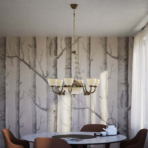 Neoclassical brass chandelier with six decorated arms, central bowl and ornamental chains, diamond-patterned frosted glass diffusers by Ghidini 1849 - Finish: OBS Bronze Satin Brass