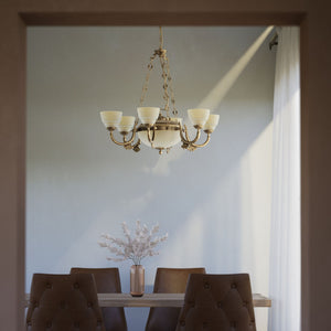 Neoclassical brass chandelier with six decorated arms, central bowl and ornamental chains, diamond-patterned frosted glass diffusers by Ghidini 1849 - Finish: OBS Bronze Satin Brass