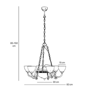 Neoclassical brass chandelier with six decorated arms, central bowl and ornamental chains, diamond-patterned frosted glass diffusers by Ghidini 1849