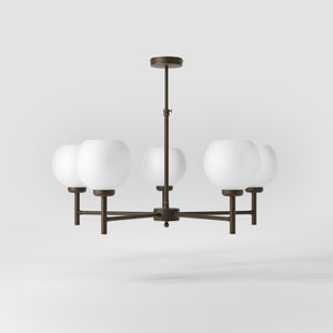 Brass chandelier with five opal glass spheres, modern and elegant design, perfect for stylish and contemporary interiors by Ghidini 1849 - Finish: OBM Bronze Satin Matt Brass