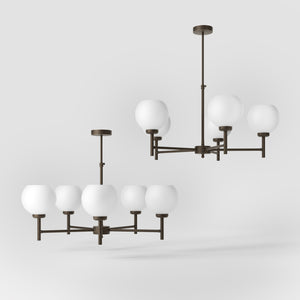 Brass chandelier with five opal glass spheres, modern and elegant design, perfect for stylish and contemporary interiors by Ghidini 1849 - Finish: OBM Bronze Satin Matt Brass