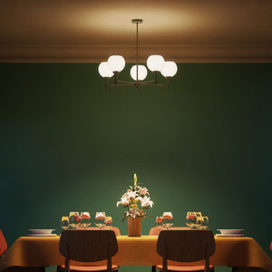 Brass chandelier with five opal glass spheres, modern and elegant design, perfect for stylish and contemporary interiors by Ghidini 1849 - Finish: OBM Bronze Satin Matt Brass