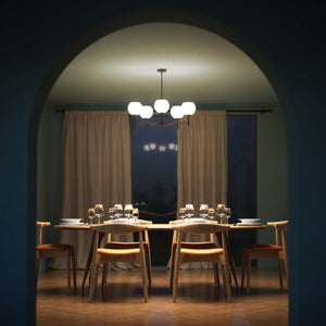 Brass chandelier with five opal glass spheres, modern and elegant design, perfect for stylish and contemporary interiors by Ghidini 1849 - Finish: OBM Bronze Satin Matt Brass