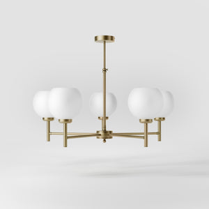Brass chandelier with five opal glass spheres, modern and elegant design, perfect for stylish and contemporary interiors by Ghidini 1849 - Finish: OBV Bronze Satin Light Brass
