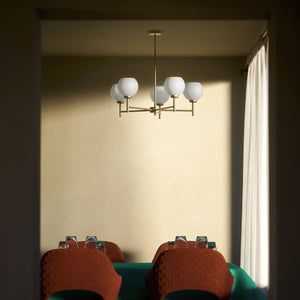 Brass chandelier with five opal glass spheres, modern and elegant design, perfect for stylish and contemporary interiors by Ghidini 1849 - Finish: OBV Bronze Satin Light Brass