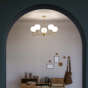 Brass chandelier with five opal glass spheres, modern and elegant design, perfect for stylish and contemporary interiors by Ghidini 1849 - Finish: OBV Bronze Satin Light Brass