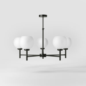 Brass chandelier with five opal glass spheres, modern and elegant design, perfect for stylish and contemporary interiors by Ghidini 1849 - Finish: ONO Matt Black