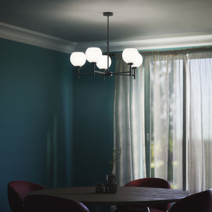 Brass chandelier with five opal glass spheres, modern and elegant design, perfect for stylish and contemporary interiors by Ghidini 1849 - Finish: ONO Matt Black