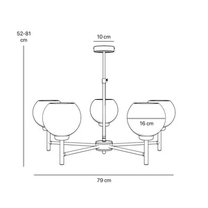 Brass chandelier with five opal glass spheres, modern and elegant design, perfect for stylish and contemporary interiors by Ghidini 1849