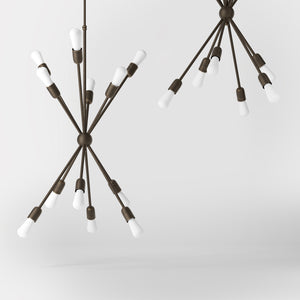 Sputnik-style brass chandelier, modern and sculptural pendant light, ideal for stylish interiors in homes, hotels, and boutiques by Ghidini 1849 - Finish: OBM Bronze Satin Matt Brass
