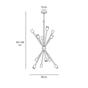 Sputnik-style brass chandelier, modern and sculptural pendant light, ideal for stylish interiors in homes, hotels, and boutiques by Ghidini 1849