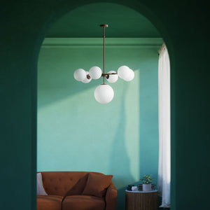 Brass chandelier with white opal glass spheres, ideal for decorative lighting by Ghidini 1849 - Finish: OBM Bronze Satin Matt Brass