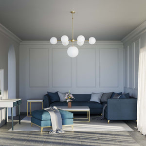 Brass chandelier with white opal glass spheres, ideal for decorative lighting by Ghidini 1849 - Finish: OBV Bronze Satin Light Brass