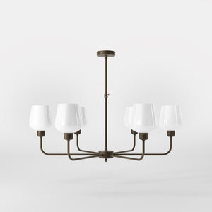 Brass chandelier with 6 white glass shades, elegant lighting for refined interiors by Ghidini 1849 - Finish: OBM Bronze Satin Matt Brass
