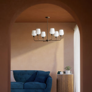 Brass chandelier with 6 white glass shades, elegant lighting for refined interiors by Ghidini 1849 - Finish: OBM Bronze Satin Matt Brass