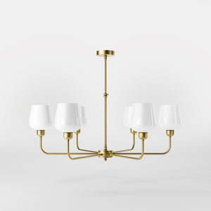 Brass chandelier with 6 white glass shades, elegant lighting for refined interiors by Ghidini 1849 - Finish: OBV Bronze Satin Light Brass