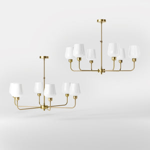 Brass chandelier with 6 white glass shades, elegant lighting for refined interiors by Ghidini 1849 - Finish: OBV Bronze Satin Light Brass