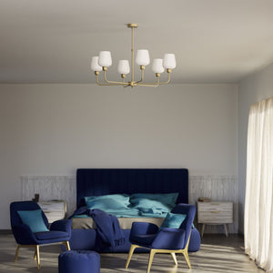 Brass chandelier with 6 white glass shades, elegant lighting for refined interiors by Ghidini 1849 - Finish: OBV Bronze Satin Light Brass