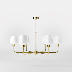Brass chandelier with 6 white glass shades, elegant lighting for refined interiors by Ghidini 1849 - Finish: OLV Polished Brass