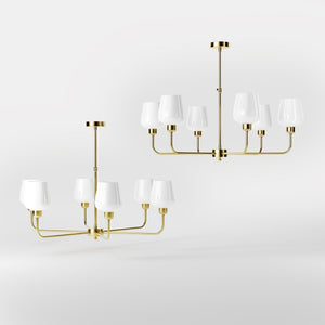 Brass chandelier with 6 white glass shades, elegant lighting for refined interiors by Ghidini 1849 - Finish: OLV Polished Brass