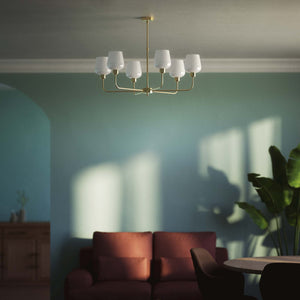 Brass chandelier with 6 white glass shades, elegant lighting for refined interiors by Ghidini 1849 - Finish: OLV Polished Brass