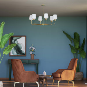 Brass chandelier with 6 white glass shades, elegant lighting for refined interiors by Ghidini 1849 - Finish: OLV Polished Brass