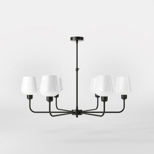 Brass chandelier with 6 white glass shades, elegant lighting for refined interiors by Ghidini 1849 - Finish: ONO Matt Black