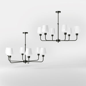 Brass chandelier with 6 white glass shades, elegant lighting for refined interiors by Ghidini 1849 - Finish: ONO Matt Black