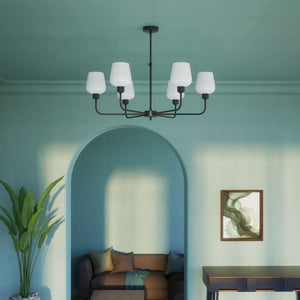 Brass chandelier with 6 white glass shades, elegant lighting for refined interiors by Ghidini 1849 - Finish: ONO Matt Black