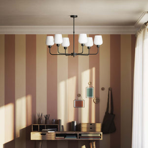 Brass chandelier with 6 white glass shades, elegant lighting for refined interiors by Ghidini 1849 - Finish: ONO Matt Black