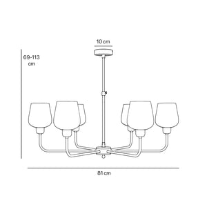 Brass chandelier with 6 white glass shades, elegant lighting for refined interiors by Ghidini 1849