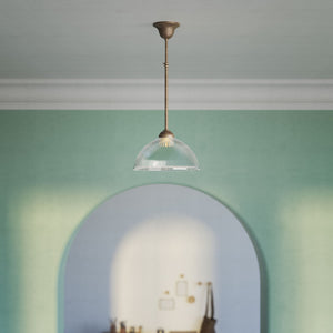 Pendant light brass ribbed glass clear vintage industrial design kitchen Italian Ghidini 1849 - Finish: OAS Antique Brass