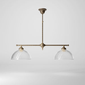 Billiard chandelier in brass with two ribbed glass shades, ideal for dining tables and billiard rooms by Ghidini 1849 - Finish: OAS Antique Brass