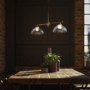 Billiard chandelier in brass with two ribbed glass shades, ideal for dining tables and billiard rooms by Ghidini 1849 - Finish: OAS Antique Brass