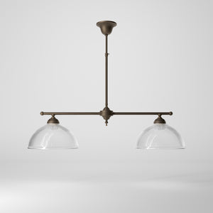 Billiard chandelier in brass with two ribbed glass shades, ideal for dining tables and billiard rooms by Ghidini 1849 - Finish: OBM Bronze Satin Matt Brass