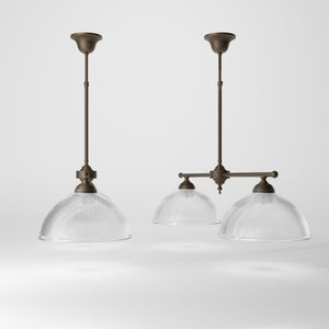 Billiard chandelier in brass with two ribbed glass shades, ideal for dining tables and billiard rooms by Ghidini 1849 - Finish: OBM Bronze Satin Matt Brass