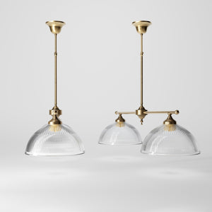 Billiard chandelier in brass with two ribbed glass shades, ideal for dining tables and billiard rooms by Ghidini 1849 - Finish: OBS Bronze Satin Brass