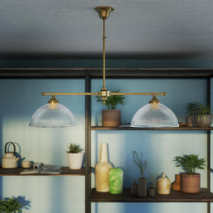 Billiard chandelier in brass with two ribbed glass shades, ideal for dining tables and billiard rooms by Ghidini 1849 - Finish: OBS Bronze Satin Brass