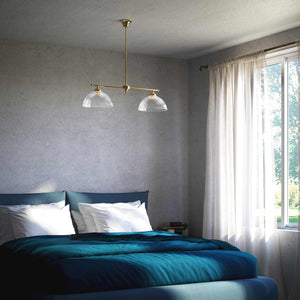 Billiard chandelier in brass with two ribbed glass shades, ideal for dining tables and billiard rooms by Ghidini 1849 - Finish: OLV Polished Brass