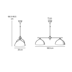 Billiard chandelier in brass with two ribbed glass shades, ideal for dining tables and billiard rooms by Ghidini 1849