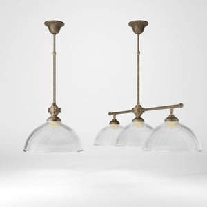 Brass chandelier with three ribbed glass shades, classic and adjustable design for sophisticated interiors by Ghidini 1849 - Finish: OAS Antique Brass