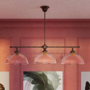 Brass chandelier with three ribbed glass shades, classic and adjustable design for sophisticated interiors by Ghidini 1849 - Finish: OAS Antique Brass