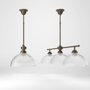 Brass chandelier with three ribbed glass shades, classic and adjustable design for sophisticated interiors by Ghidini 1849 - Finish: OBM Bronze Satin Matt Brass