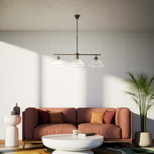 Brass chandelier with three ribbed glass shades, classic and adjustable design for sophisticated interiors by Ghidini 1849 - Finish: OBM Bronze Satin Matt Brass